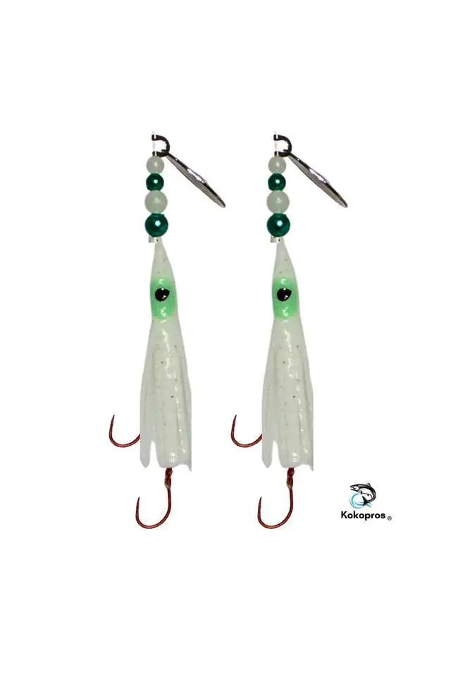 Alt view image 5 of 7 - Squid Fishing Hoochies 10 Pack -Glow Fresh Water Kokanee Salmon Trolling Lures with Pre-Rigged Octopus Hooks - Spinner Blades, Synthetic Skirts Kokanee Hoochies for Salmon Fishing