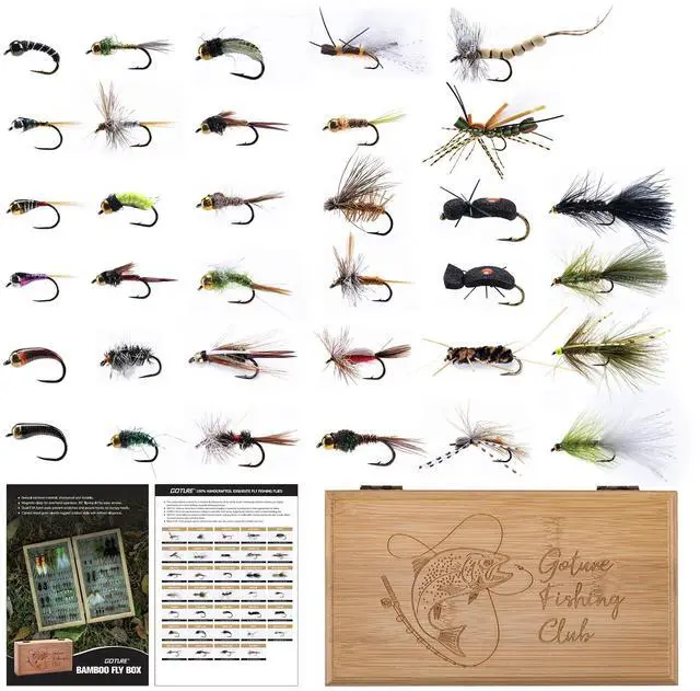 Main image of Fly Fishing Flies Kit, 54pcs Dry Wet Flies Streamers Nymphs with Wooden Fly Box, Bass Trout Steelhead Salmon Lures Set Assortment Kit, Gifts for Men