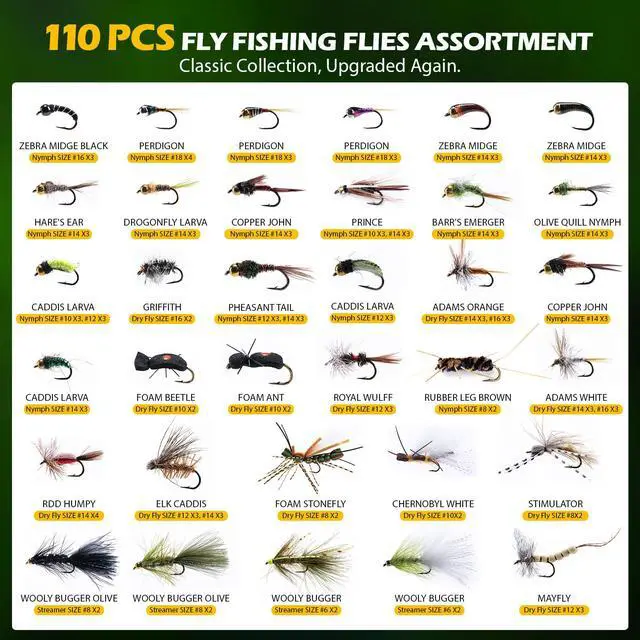 Alt view image 3 of 7 - Fly Fishing Flies Kit, 54pcs Dry Wet Flies Streamers Nymphs with Wooden Fly Box, Bass Trout Steelhead Salmon Lures Set Assortment Kit, Gifts for Men