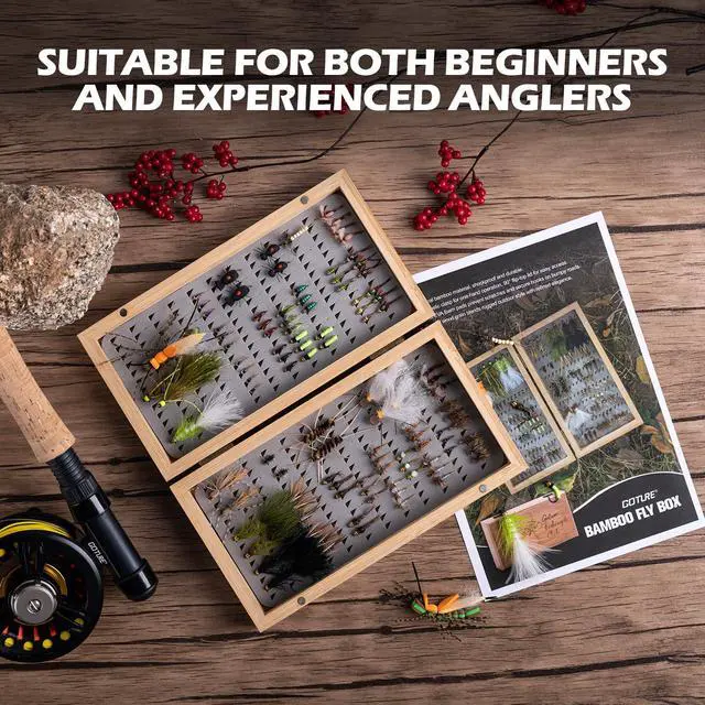Alt view image 2 of 7 - Fly Fishing Flies Kit, 54pcs Dry Wet Flies Streamers Nymphs with Wooden Fly Box, Bass Trout Steelhead Salmon Lures Set Assortment Kit, Gifts for Men