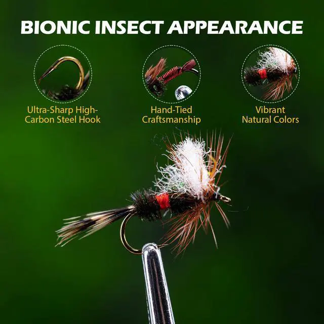 Alt view image 4 of 7 - Fly Fishing Flies Kit, 54pcs Dry Wet Flies Streamers Nymphs with Wooden Fly Box, Bass Trout Steelhead Salmon Lures Set Assortment Kit, Gifts for Men