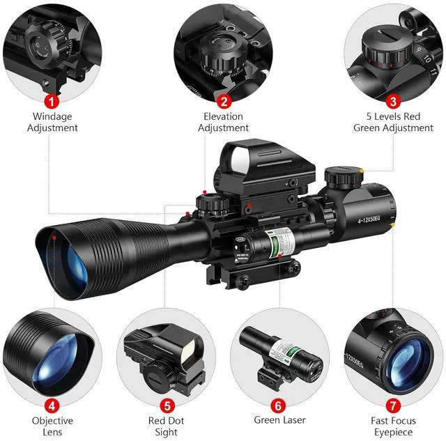 Alt view image 2 of 6 - Riflescope Combo 4-12x50EG Dual Illuminated Optics & IIIA/2MW Laser Sight & 4 Holographic Reticle Red/Green Dot Sight & 20mm Scope Mount