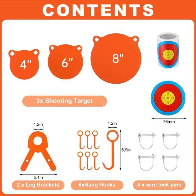 Alt view image 2 of 7 - 1/2 3/8 Inch Thick Ar500 Steel Target Combo Set, Gong with 100 Paper Targets & Hanging Kit, Neon Color, Hooks, Lock Pins, Leg Brackets for 1 Inch Od EMT Conduit