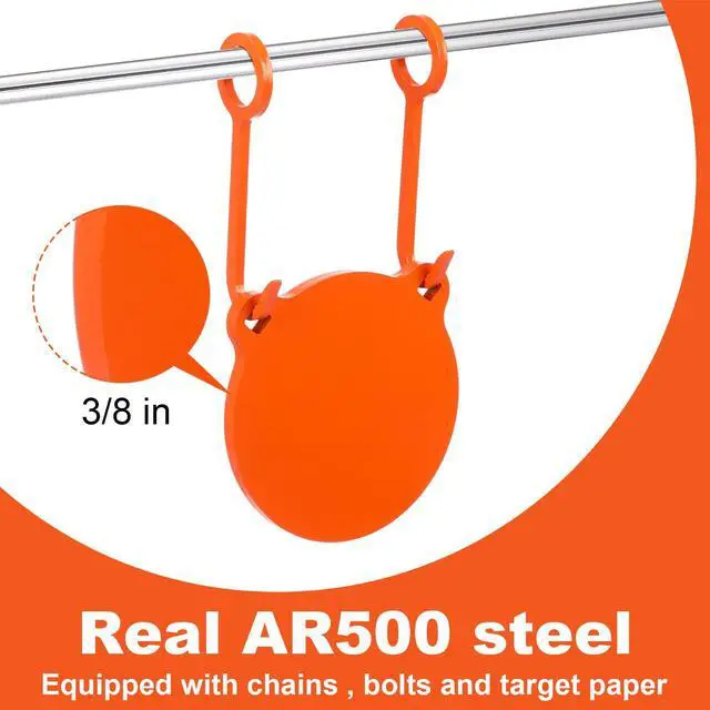 Alt view image 3 of 7 - 1/2 3/8 Inch Thick Ar500 Steel Target Combo Set, Gong with 100 Paper Targets & Hanging Kit, Neon Color, Hooks, Lock Pins, Leg Brackets for 1 Inch Od EMT Conduit