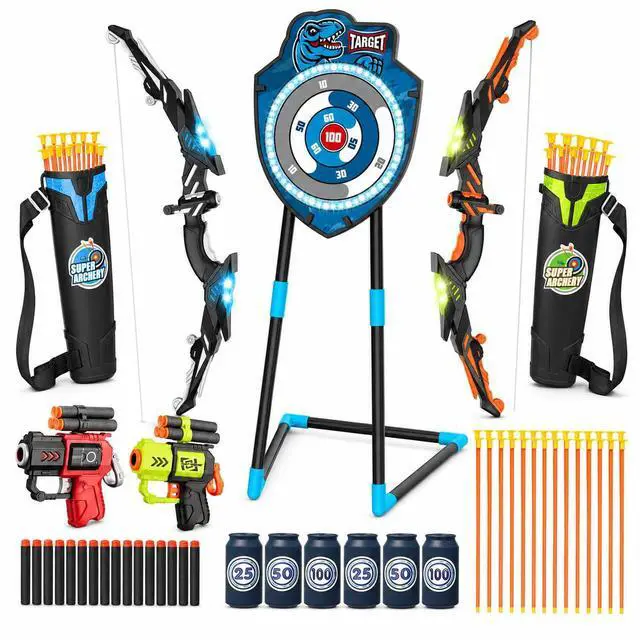 Main image of 2 Pack Kids LED Bow and Arrow Set with Standing Target, 20 Suction Cup Arrows, 2 Quivers & Foam Dart Toys, Indoor Outdoor Archery Toy Gift for Boys Girls Ages 3-12