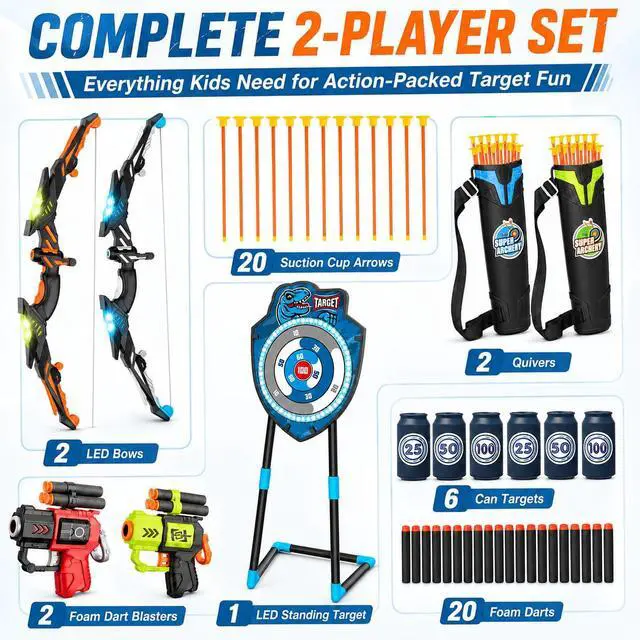 Alt view image 5 of 7 - 2 Pack Kids LED Bow and Arrow Set with Standing Target, 20 Suction Cup Arrows, 2 Quivers & Foam Dart Toys, Indoor Outdoor Archery Toy Gift for Boys Girls Ages 3-12