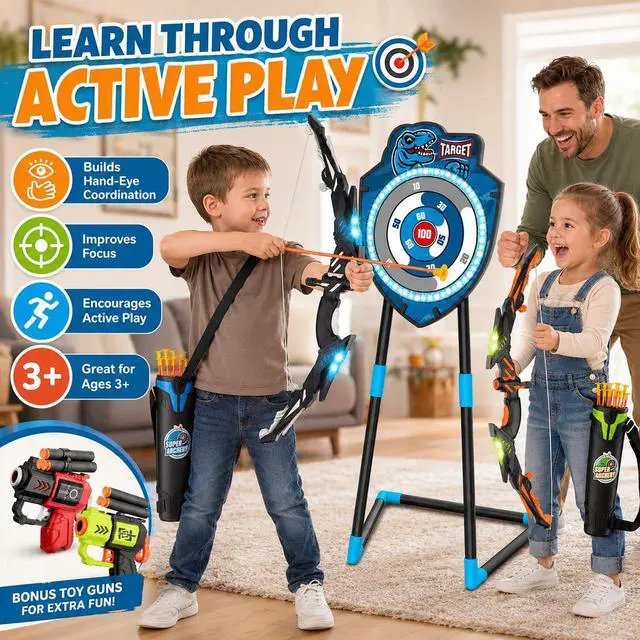 Alt view image 6 of 7 - 2 Pack Kids LED Bow and Arrow Set with Standing Target, 20 Suction Cup Arrows, 2 Quivers & Foam Dart Toys, Indoor Outdoor Archery Toy Gift for Boys Girls Ages 3-12