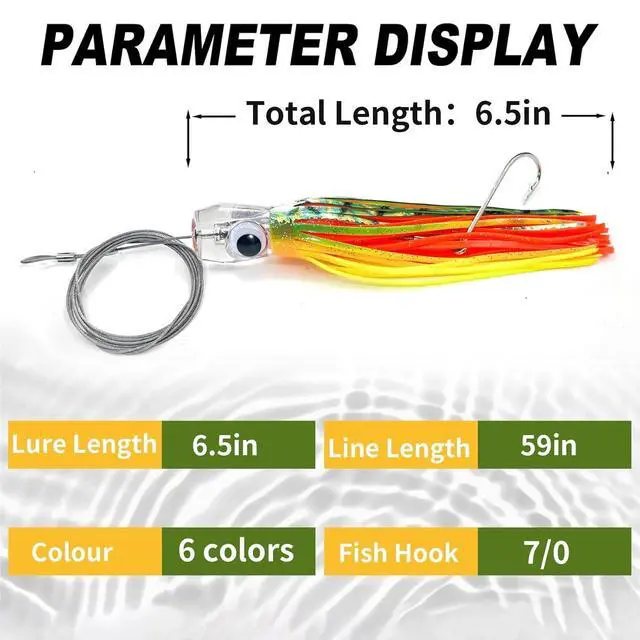 Alt view image 4 of 6 - Trolling Lure Saltwater,6.5/9 inch 6 pcs Squid Skirted Deep Sea Fishing Lure kit,Tuna,Marlin,Wahoo,Shark,Mahi Trolling Fishing Lures