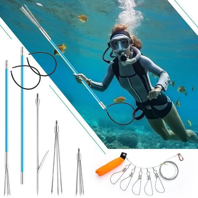 Alt view image 5 of 7 - 14 Pcs Hawaiian Sling Fishing Spear Set Fiberglass Pole Spear with 3 Prong Tips Diving Lobster Knife with Holster 2 Sheath 2 Pairs Leg Straps Fish Buckle for Diving Spearfishing (Sky Blue)