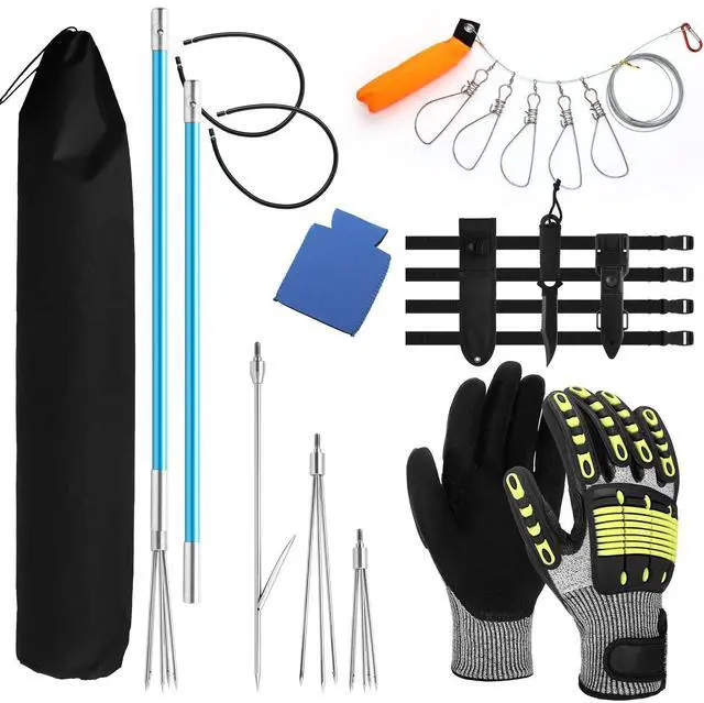 Main image of 14 Pcs Hawaiian Sling Fishing Spear Set Fiberglass Pole Spear with 3 Prong Tips Diving Lobster Knife with Holster 2 Sheath 2 Pairs Leg Straps Fish Buckle for Diving Spearfishing (Sky Blue)