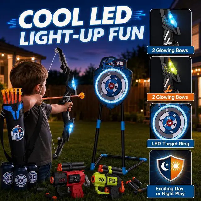 Alt view image 2 of 7 - 2 Pack Kids LED Bow and Arrow Set with Standing Target, 20 Suction Cup Arrows, 2 Quivers & Foam Dart Toys, Indoor Outdoor Archery Toy Gift for Boys Girls Ages 3-12