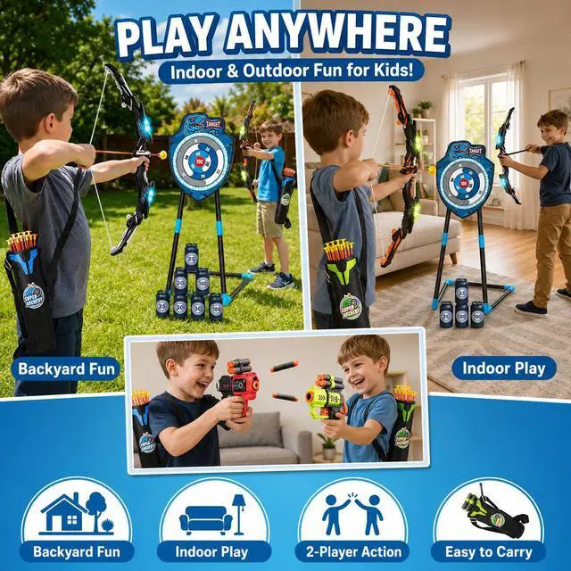 Alt view image 3 of 7 - 2 Pack Kids LED Bow and Arrow Set with Standing Target, 20 Suction Cup Arrows, 2 Quivers & Foam Dart Toys, Indoor Outdoor Archery Toy Gift for Boys Girls Ages 3-12