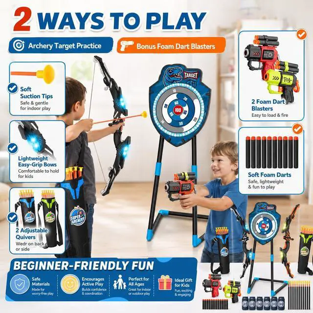 Alt view image 4 of 7 - 2 Pack Kids LED Bow and Arrow Set with Standing Target, 20 Suction Cup Arrows, 2 Quivers & Foam Dart Toys, Indoor Outdoor Archery Toy Gift for Boys Girls Ages 3-12