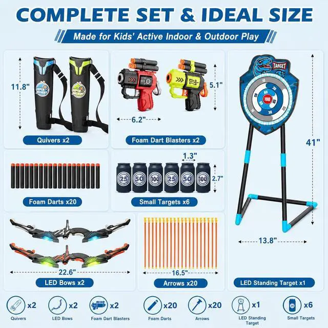 Alt view image 7 of 7 - 2 Pack Kids LED Bow and Arrow Set with Standing Target, 20 Suction Cup Arrows, 2 Quivers & Foam Dart Toys, Indoor Outdoor Archery Toy Gift for Boys Girls Ages 3-12