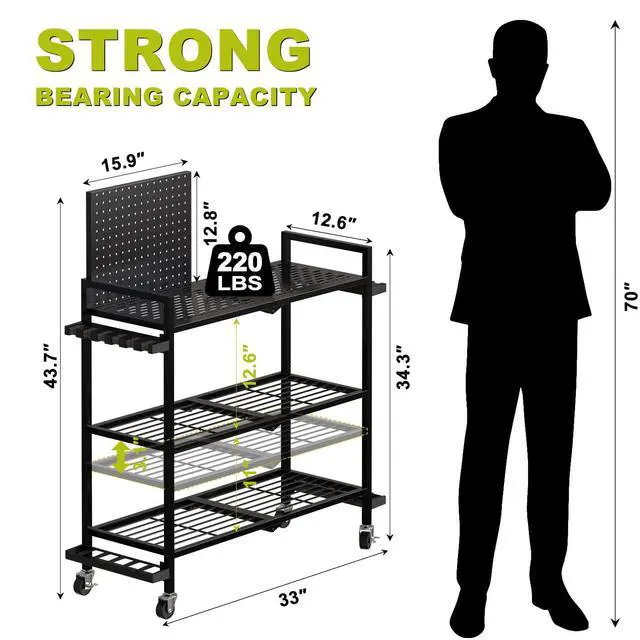Alt view image 4 of 7 - Fishing Rod Holders for Garage, Fishing Rod Stand with Wheels and Pegboard, 3-Tier Pole Storage Rack with 8 Hooks and 12 Rod Slots, Ideal for Tackle, Backpacks, and Gear