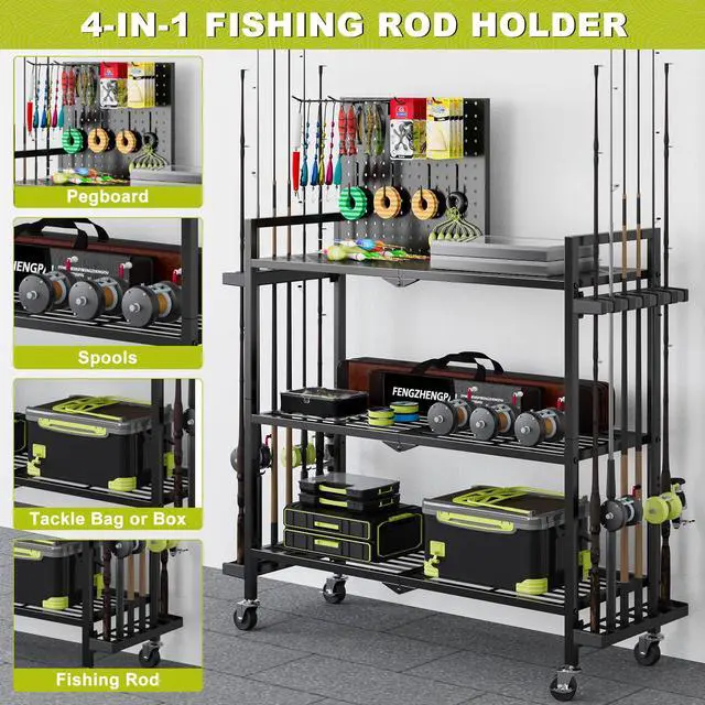 Alt view image 2 of 7 - Fishing Rod Holders for Garage, Fishing Rod Stand with Wheels and Pegboard, 3-Tier Pole Storage Rack with 8 Hooks and 12 Rod Slots, Ideal for Tackle, Backpacks, and Gear