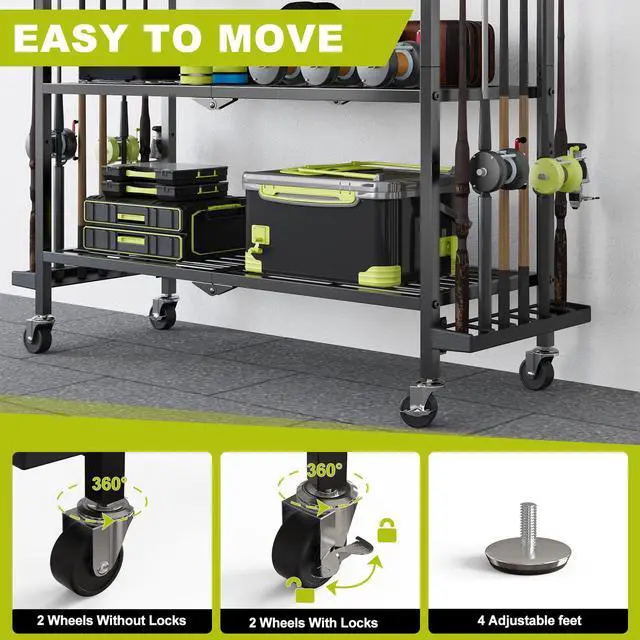 Alt view image 5 of 7 - Fishing Rod Holders for Garage, Fishing Rod Stand with Wheels and Pegboard, 3-Tier Pole Storage Rack with 8 Hooks and 12 Rod Slots, Ideal for Tackle, Backpacks, and Gear
