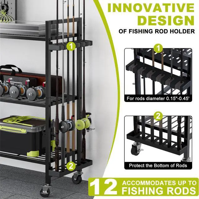 Alt view image 3 of 7 - Fishing Rod Holders for Garage, Fishing Rod Stand with Wheels and Pegboard, 3-Tier Pole Storage Rack with 8 Hooks and 12 Rod Slots, Ideal for Tackle, Backpacks, and Gear