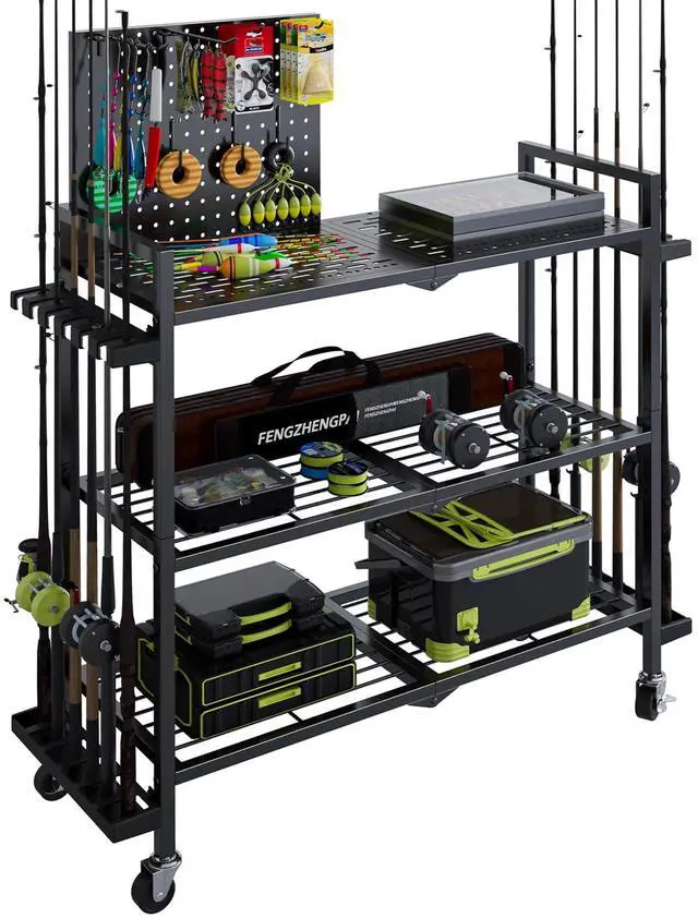 Main image of Fishing Rod Holders for Garage, Fishing Rod Stand with Wheels and Pegboard, 3-Tier Pole Storage Rack with 8 Hooks and 12 Rod Slots, Ideal for Tackle, Backpacks, and Gear