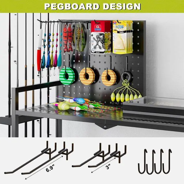 Alt view image 6 of 7 - Fishing Rod Holders for Garage, Fishing Rod Stand with Wheels and Pegboard, 3-Tier Pole Storage Rack with 8 Hooks and 12 Rod Slots, Ideal for Tackle, Backpacks, and Gear