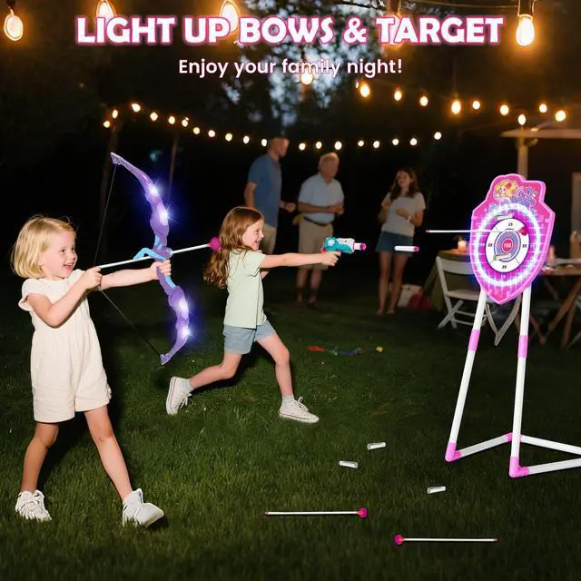Alt view image 2 of 7 - 2 Pack Bow and Arrow Toy with LED Light - 4 in 1 Archery & Dart Game Set with 20 Suction Cup Arrows, Mermaid Glow Target & Dart Board - Indoor/Outdoor Birthday Gift for Kids Boys Girls Ages 5-12