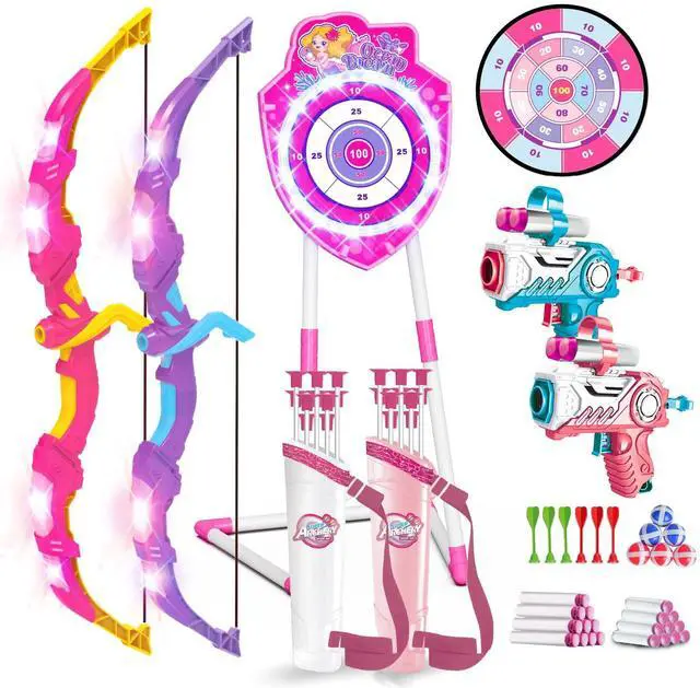 Main image of 2 Pack Bow and Arrow Toy with LED Light - 4 in 1 Archery & Dart Game Set with 20 Suction Cup Arrows, Mermaid Glow Target & Dart Board - Indoor/Outdoor Birthday Gift for Kids Boys Girls Ages 5-12
