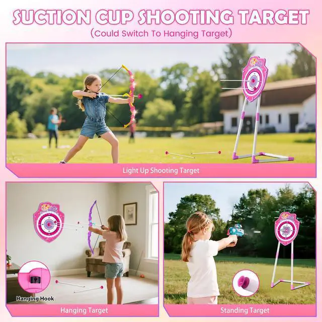 Alt view image 3 of 7 - 2 Pack Bow and Arrow Toy with LED Light - 4 in 1 Archery & Dart Game Set with 20 Suction Cup Arrows, Mermaid Glow Target & Dart Board - Indoor/Outdoor Birthday Gift for Kids Boys Girls Ages 5-12