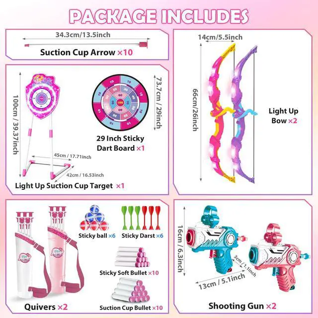 Alt view image 6 of 7 - 2 Pack Bow and Arrow Toy with LED Light - 4 in 1 Archery & Dart Game Set with 20 Suction Cup Arrows, Mermaid Glow Target & Dart Board - Indoor/Outdoor Birthday Gift for Kids Boys Girls Ages 5-12