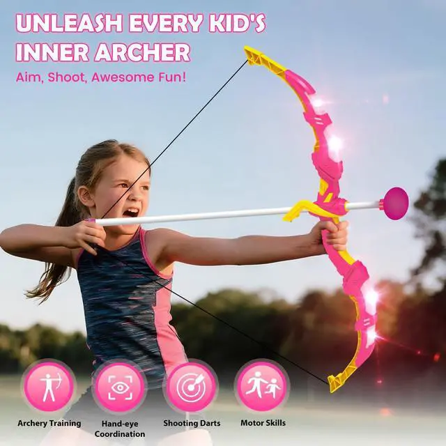 Alt view image 5 of 7 - 2 Pack Bow and Arrow Toy with LED Light - 4 in 1 Archery & Dart Game Set with 20 Suction Cup Arrows, Mermaid Glow Target & Dart Board - Indoor/Outdoor Birthday Gift for Kids Boys Girls Ages 5-12