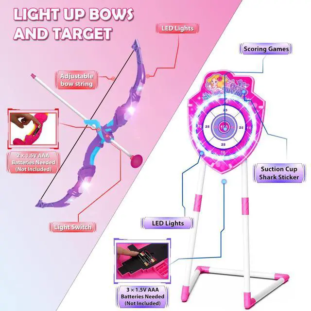 Alt view image 7 of 7 - 2 Pack Bow and Arrow Toy with LED Light - 4 in 1 Archery & Dart Game Set with 20 Suction Cup Arrows, Mermaid Glow Target & Dart Board - Indoor/Outdoor Birthday Gift for Kids Boys Girls Ages 5-12