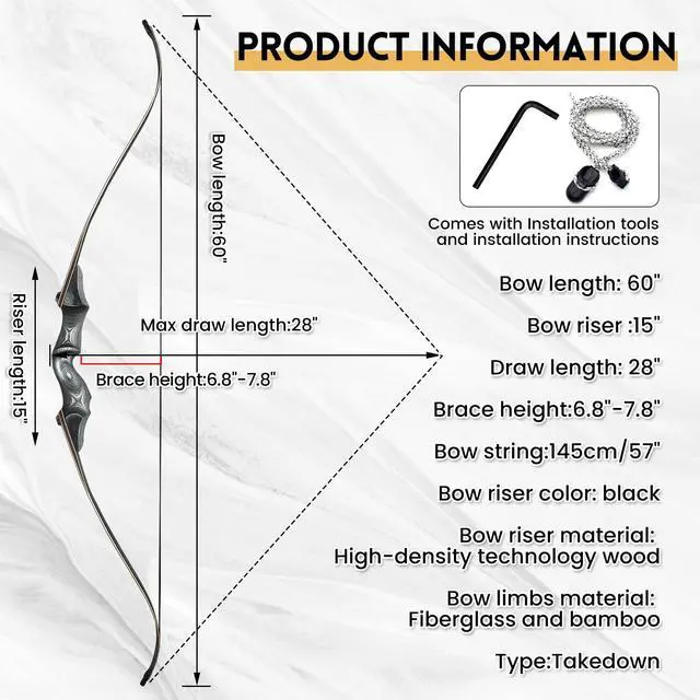 Alt view image 3 of 7 - Original Black Hunter Takedown Recurve Bow 60inch with Bamboo Core Limbs Archery Hunting Target Practice