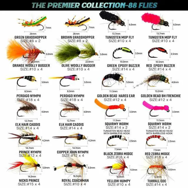 Alt view image 3 of 7 - Fly Fishing Flies Kit 48/60/88pcs, Dry/Wet/Nymph/Streamer, Hook Sizes 8-18, Waterproof Fly Box for Trout Bass Panfish Ideal for Summer Break & Beginners in Rivers, Lakes & Streams