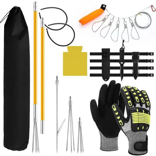 Main image of 14 Pcs Hawaiian Sling Fishing Spear Set Fiberglass Pole Spear with 3 Prong Tips Diving Lobster Knife with Holster 2 Sheath 2 Pairs Leg Straps Fish Buckle for Diving Spearfishing(Yellow)