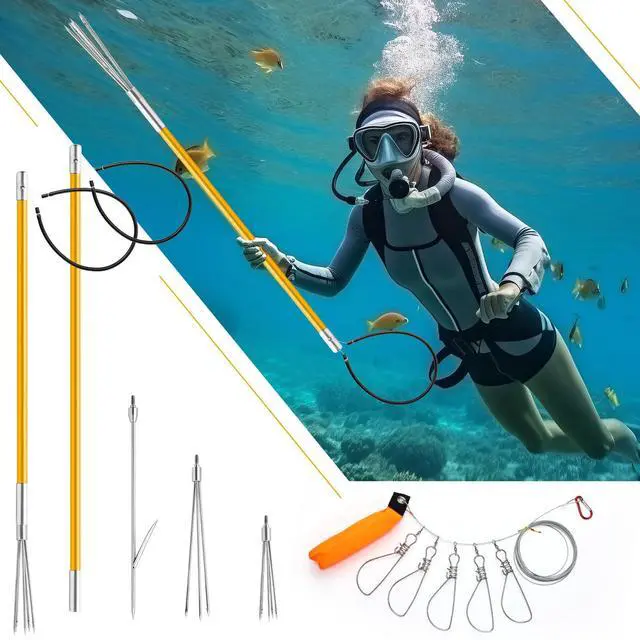 Alt view image 4 of 7 - 14 Pcs Hawaiian Sling Fishing Spear Set Fiberglass Pole Spear with 3 Prong Tips Diving Lobster Knife with Holster 2 Sheath 2 Pairs Leg Straps Fish Buckle for Diving Spearfishing(Yellow)