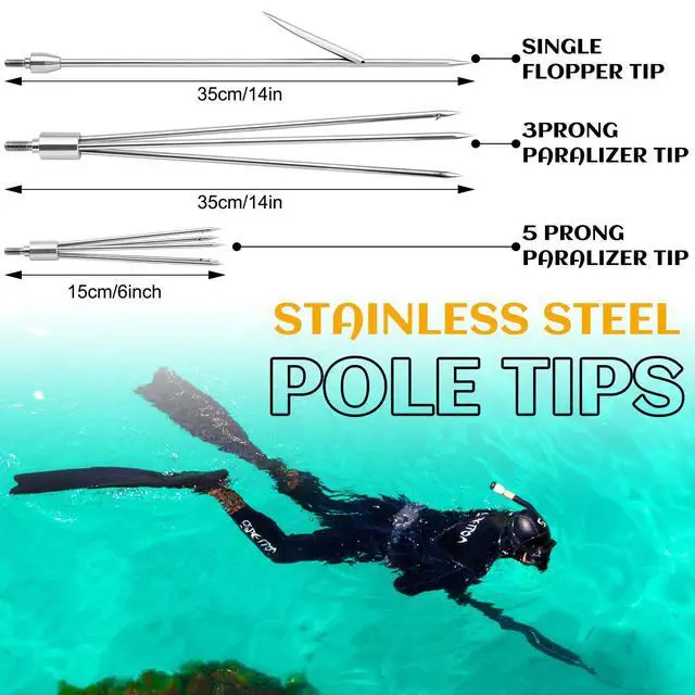 Alt view image 7 of 7 - 14 Pcs Hawaiian Sling Fishing Spear Set Fiberglass Pole Spear with 3 Prong Tips Diving Lobster Knife with Holster 2 Sheath 2 Pairs Leg Straps Fish Buckle for Diving Spearfishing(Yellow)
