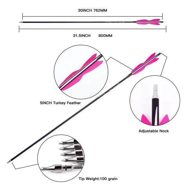 Alt view image 7 of 7 - 31" Carbon Hunting Arrows with 5" Turkey Feathers, Pack of 12 | Spine 500, Archery Target Practice, For Recurve Bow and Long Bow