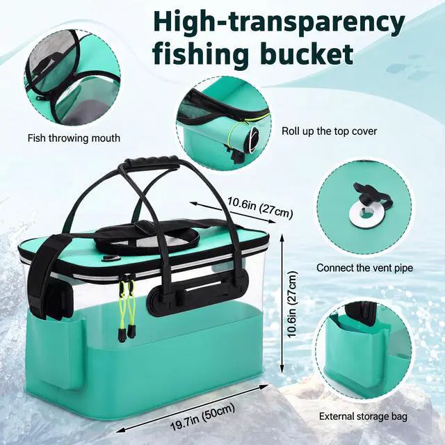 Alt view image 2 of 7 - 3 Pcs Fishing Bucket, Live Bait Aerator and Fishing Cast Net with Heavy Duty Sinker Foldable Live Bait Bucket Portable Quiet Aerator Fish Transport Container Outdoor EVA Bag