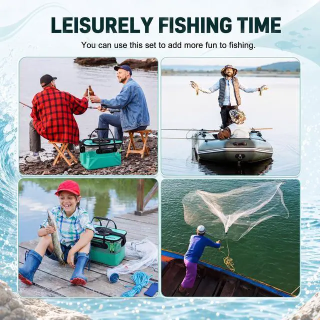 Alt view image 7 of 7 - 3 Pcs Fishing Bucket, Live Bait Aerator and Fishing Cast Net with Heavy Duty Sinker Foldable Live Bait Bucket Portable Quiet Aerator Fish Transport Container Outdoor EVA Bag