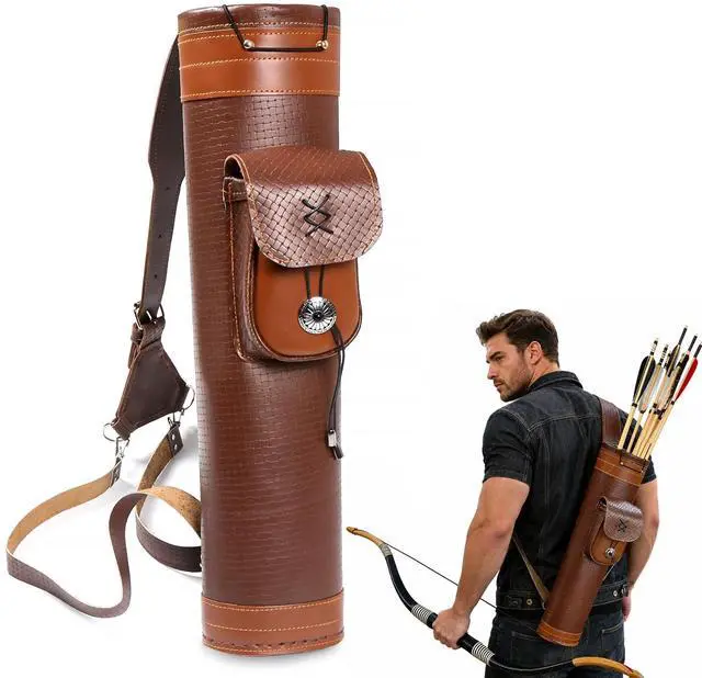 Main image of Traditional Shoulder Back Quiver Bow Leather Arrow Holder with Large Pouch Handmade Straps Belt Bag Brown