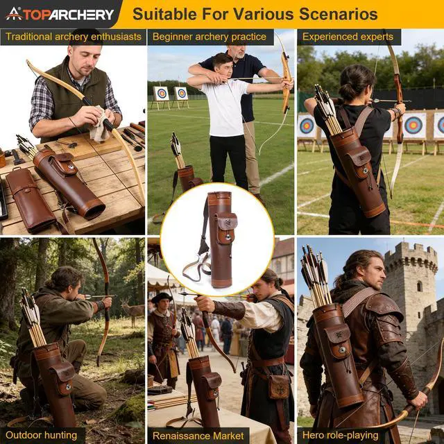 Alt view image 3 of 7 - Traditional Shoulder Back Quiver Bow Leather Arrow Holder with Large Pouch Handmade Straps Belt Bag Brown
