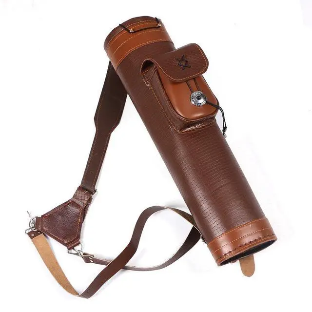 Alt view image 4 of 7 - Traditional Shoulder Back Quiver Bow Leather Arrow Holder with Large Pouch Handmade Straps Belt Bag Brown