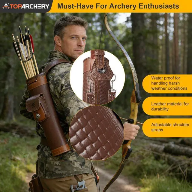 Alt view image 7 of 7 - Traditional Shoulder Back Quiver Bow Leather Arrow Holder with Large Pouch Handmade Straps Belt Bag Brown