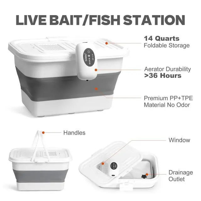 Alt view image 2 of 6 - Live Bait or Fish Bucket with Aerator, 14 Quarts Multi-Function Collapsible Fishing Container Box with Rechargeable Air Pump