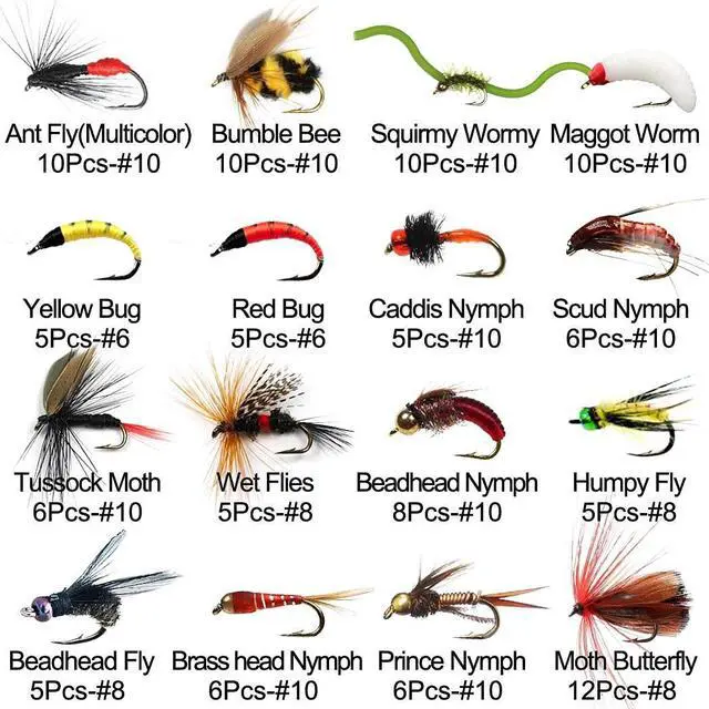 Alt view image 2 of 7 - OutdoorFishing Fly Fishing Flies Kit Fly Assortment Trout Bass Fishing with Fly Box, 33/48/72/100/114/148pcs with Dry/Wet Flies, Nymphs, Streamers, Popper