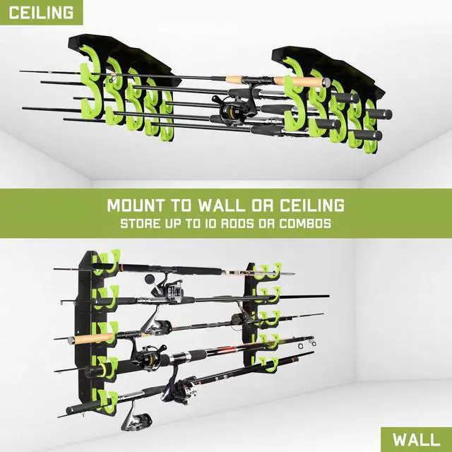 Alt view image 2 of 6 - Fishing Rod Holders, Fishing Pole Holders for Garage, Wall or Ceiling Mounted Fishing Rod Rack Holds Up to 10 Rods(2 Pack)