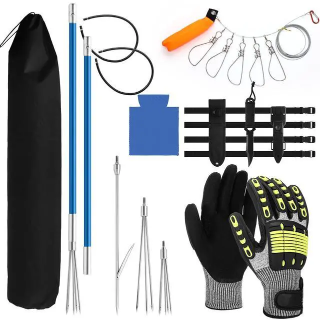 Main image of 14 Pcs Hawaiian Sling Fishing Spear Set Fiberglass Pole Spear with 3 Prong Tips Diving Lobster Knife with Holster 2 Sheath 2 Pairs Leg Straps Fish Buckle for Diving Spearfishing(Dark Blue)