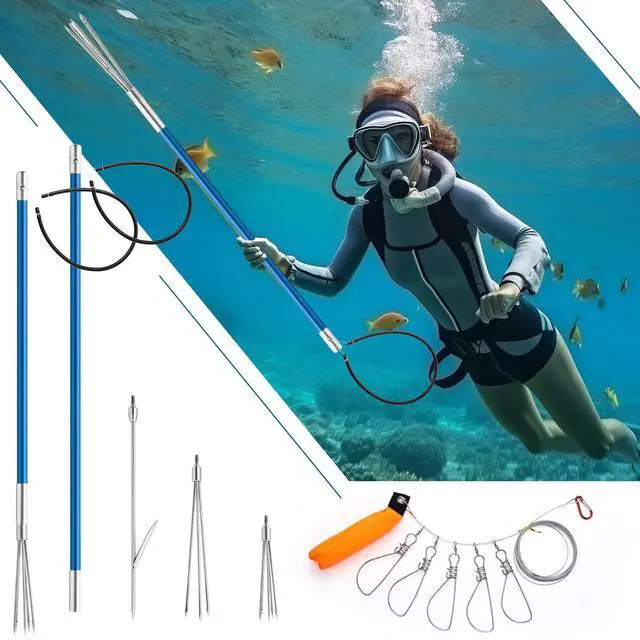 Alt view image 5 of 7 - 14 Pcs Hawaiian Sling Fishing Spear Set Fiberglass Pole Spear with 3 Prong Tips Diving Lobster Knife with Holster 2 Sheath 2 Pairs Leg Straps Fish Buckle for Diving Spearfishing(Dark Blue)