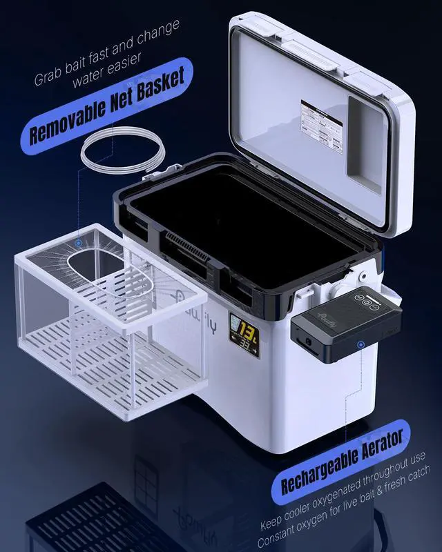 Alt view image 6 of 7 - 13-19 QT Live Bait Cooler, Leak-Proof Fishing Cooler with Rechargeable Aerator, Portable Fish Livewell for Boat, Insulated Minnow Bucket for Shrimp & Live Fish, Hard Cooler Box for Fishing