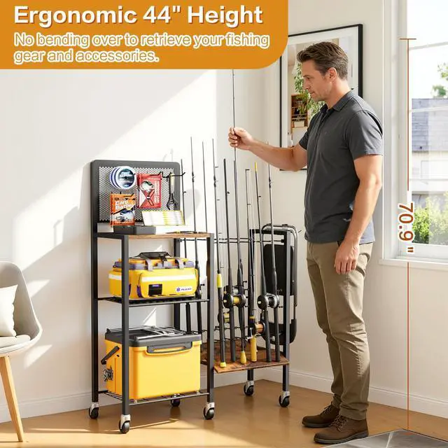 Alt view image 2 of 6 - Fishing Rod Holders, Rolling Fishing Rod Rack for Garage & Boat, Tackle Box & Reel Holder Cart, Easy Assembly Fishing Gear Management System, Ideal Birthday Gift for Men Dad Anglers