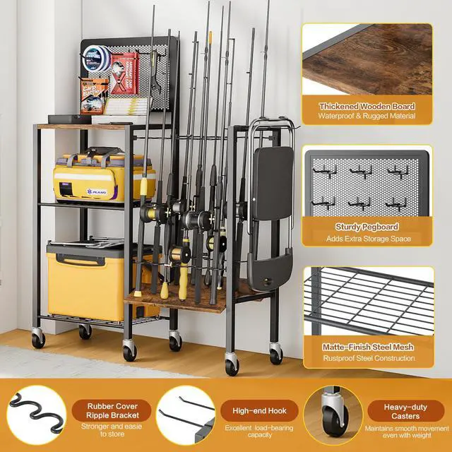 Alt view image 4 of 6 - Fishing Rod Holders, Rolling Fishing Rod Rack for Garage & Boat, Tackle Box & Reel Holder Cart, Easy Assembly Fishing Gear Management System, Ideal Birthday Gift for Men Dad Anglers